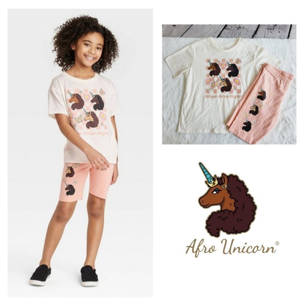 Girls' Afro Unicorn 2pc Top and Shorts Set, 3KIDA-BN